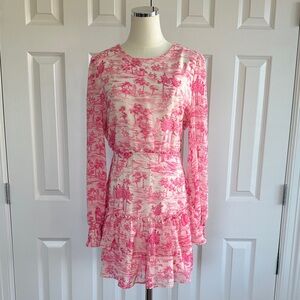 Aqua Hot Pink White Safari Toil Print Long Sleeve Cottagecore Mini Dress Size L